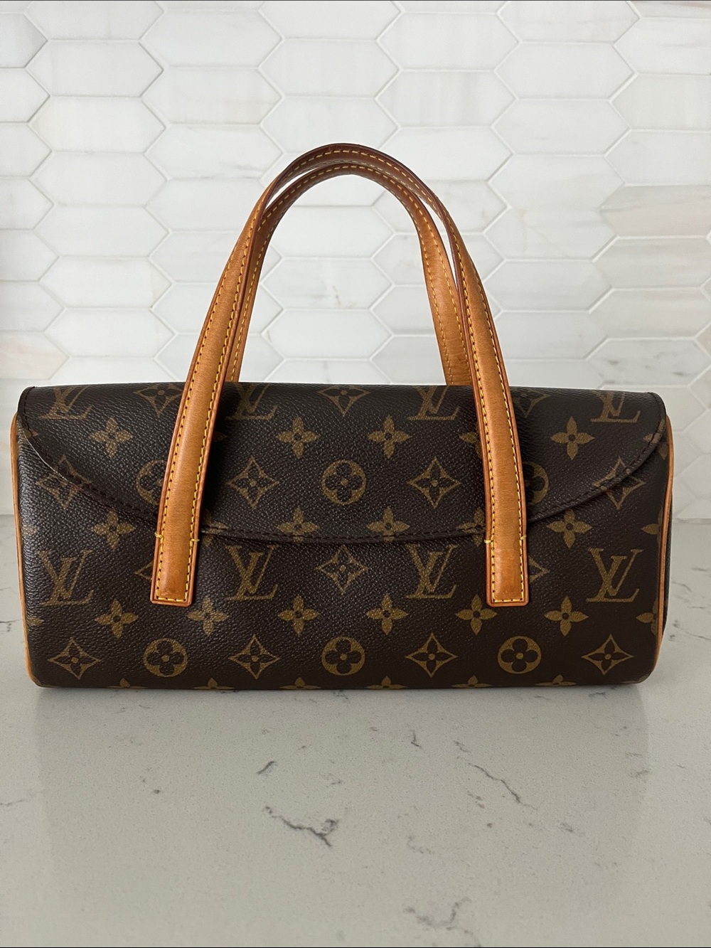 Louis Vuitton Brown Monogram Sonatine Cylinder Bag with Tan Handles - Picture 4 of 10